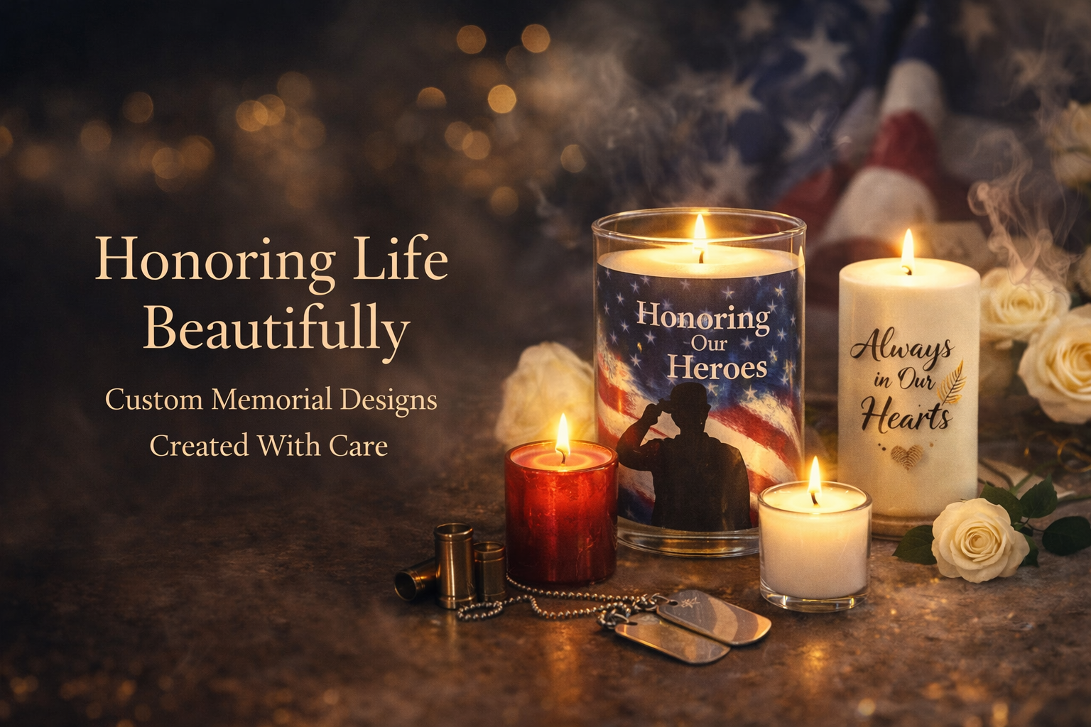 Aurex luxury bi-fold funeral memorial program on marble with candles