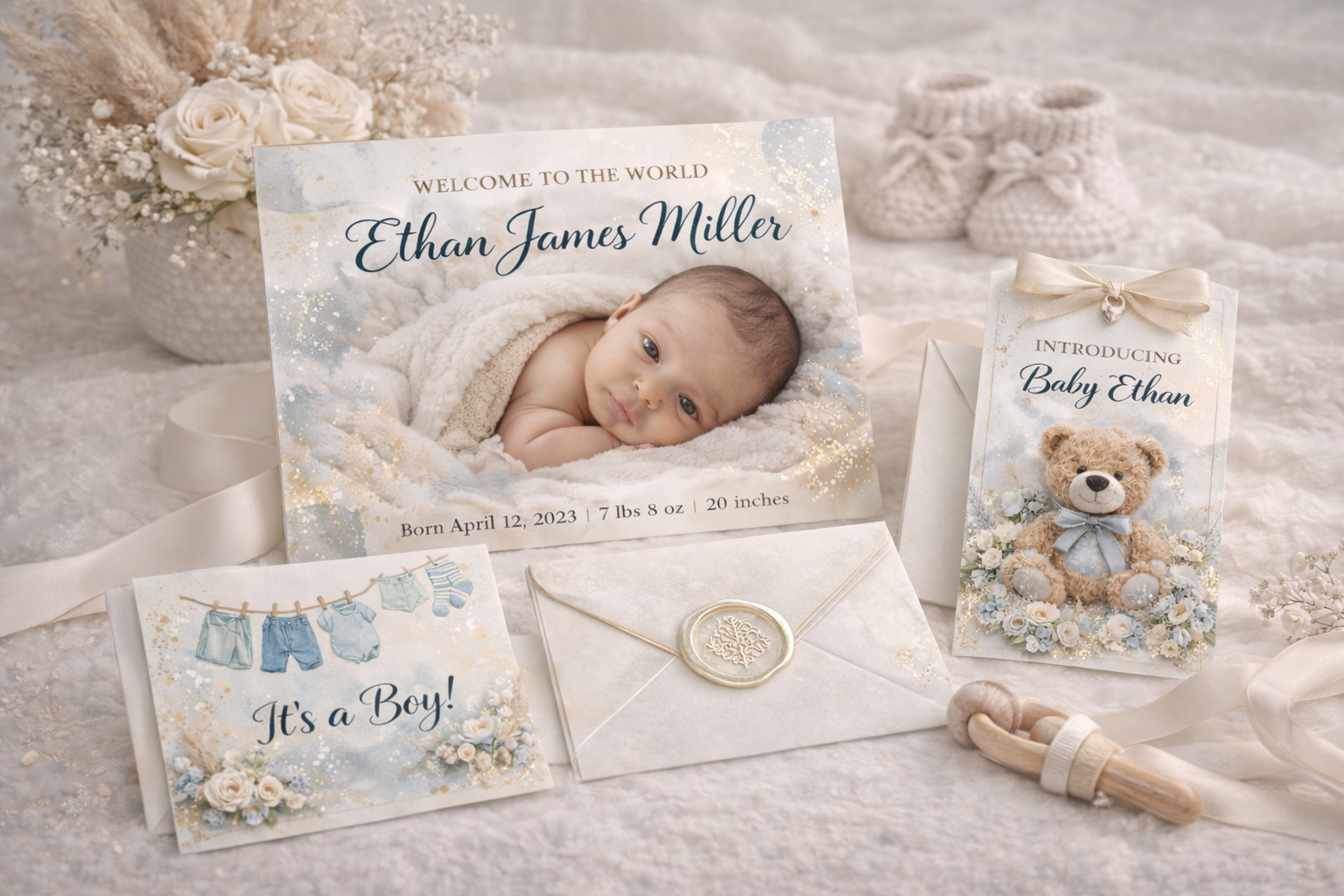 Aurex birth announcement suite with wax seal envelope on linen